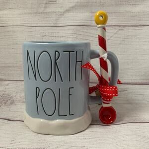 Rae Dunn Blue North Pole Christmas Coffee Mug Snowy Bottom and Pole Stir Spoon
